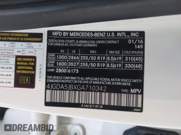 2016 Mercedes-Benz GLE 350 with VIN 4JGDA5JBXGA710342, listed as a IAAI auction lot 41012189 with 128,325 mi miles and . Bid and sale history available at DreamBid. Image 9.