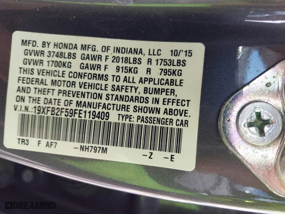 2015 Honda Civic Sedan LX with VIN 19XFB2F59FE119409, listed as a IAAI auction lot 41918479 with 116,895 mi miles. Bid and sale history available at carsss.com. Image 9.