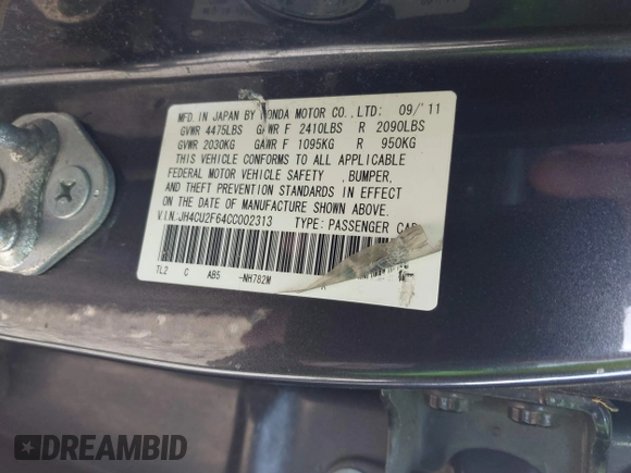 2012 Acura TSX Tech Pkg with VIN JH4CU2F64CC002313, listed as a IAAI auction lot 41847320 with 999,999 mi miles. Bid and sale history available at carsss.com. Image 9.