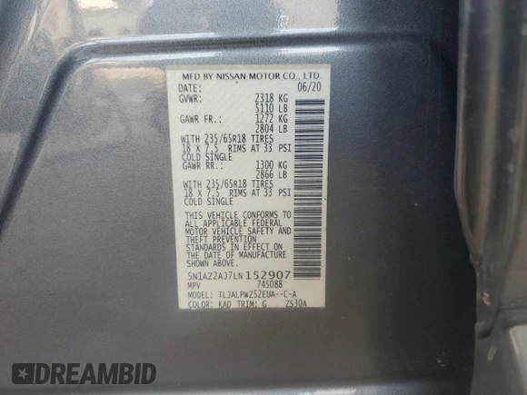 2020 Nissan Murano S with VIN 5N1AZ2AJ7LN152907, listed as a Copart auction lot 61852285 with 86,462 mi miles and Salvage title. Bid and sale history available at DreamBid. Image 12.