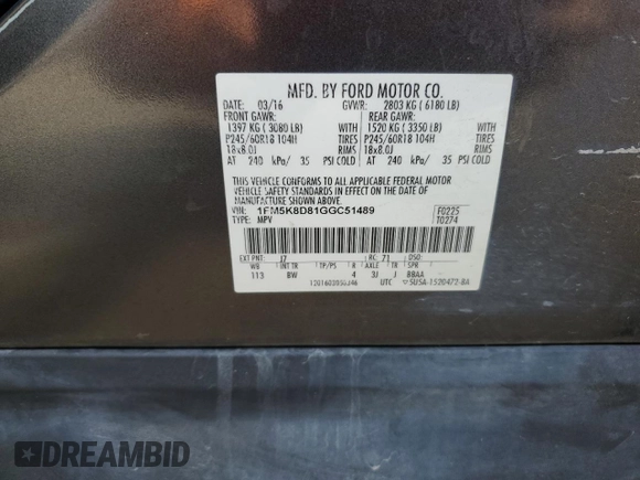 2016 Ford Explorer XLT z VIN 1FM5K8D81GGC51489, wystawiony jako Copart lot #54431605 z przebiegiem 208 310 mil mil oraz Szkoda całkowita • Salvage title. Historia ofert i sprzedaży dostępna na DreamBid. Obrazek 13.