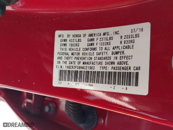 2017 Honda Accord Sedan Sport with VIN 1HGCR2F58HA021963, listed as a IAAI auction lot 41649730 with NaN miles. Bid and sale history available at carsss.com. Image 9.