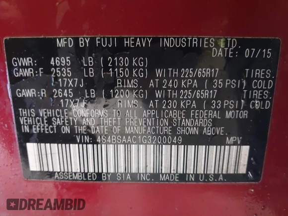 2016 Subaru Outback 2.5i with VIN 4S4BSAAC1G3200049, listed as a IAAI auction lot 41838669 with 144,967 mi miles and . Bid and sale history available at DreamBid. Image 9.