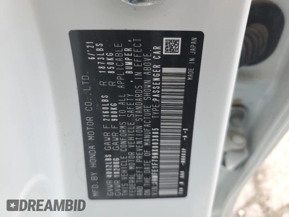 2022 Honda Civic EX with VIN JHMFE1F79NX003885, listed as a Copart auction lot 61275005 with 40,855 mi miles and Salvage title. Bid and sale history available at DreamBid. Image 13.