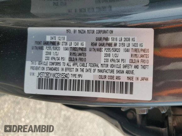 2019 Mazda CX-9 Grand Touring z VIN JM3TCBDYXK0316340, wystawiony jako Copart lot #58345485 z przebiegiem 97 263 mil mil oraz Szkoda całkowita • Salvage title. Historia ofert i sprzedaży dostępna na DreamBid. Obrazek 13.
