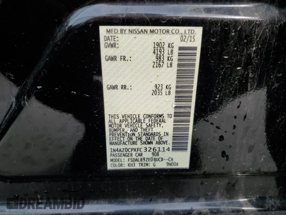 2015 Nissan LEAF SV with VIN 1N4AZ0CPXFC326114, listed as a Copart auction lot 53388853 with 55,760 mi miles. Bid and sale history available at carsss.com. Image 12.