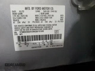 2022 Ford Explorer XLT z VIN 1FMSK8DH3NGB15185, wystawiony jako Copart lot #57857555 z przebiegiem 75 541 mil mil oraz Szkoda całkowita • Salvage title. Historia ofert i sprzedaży dostępna na DreamBid. Obrazek 14.