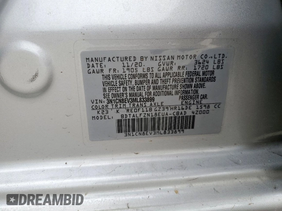 2021 Nissan Versa SV z VIN 3N1CN8EV3ML833899, wystawiony jako Copart lot #55991235 z przebiegiem 65 021 mil mil oraz Szkoda całkowita • Salvage title. Historia ofert i sprzedaży dostępna na DreamBid. Obrazek 12.