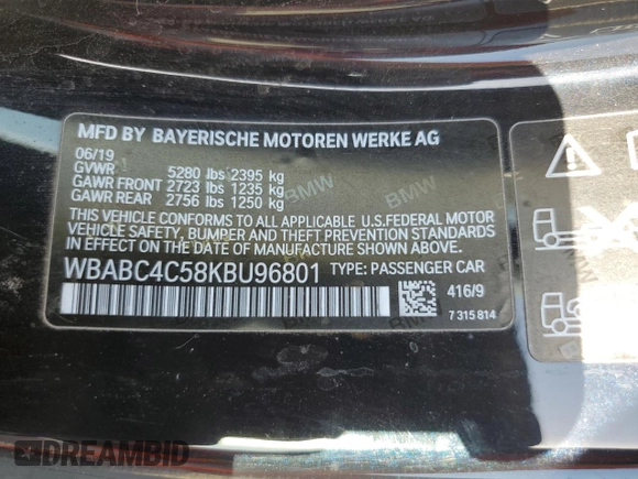 2019 BMW 8 Series M850i xDrive with VIN WBABC4C58KBU96801, listed as a Copart auction lot 70015354 with Not Provided miles and Salvage Title. Bid and sale history available at carsss.com. Image 14.