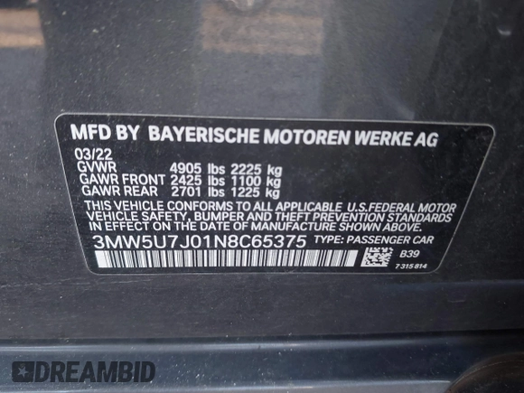 2022 BMW 3 Series M340i with VIN 3MW5U7J01N8C65375, listed as a IAAI auction lot 41688228 with 36,513 mi miles. Bid and sale history available at carsss.com. Image 9.