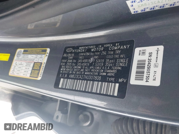 2017 Hyundai Tucson Limited with VIN KM8J3CA27HU307808, listed as a IAAI auction lot 41980342 with 91,669 mi miles. Bid and sale history available at carsss.com. Image 9.
