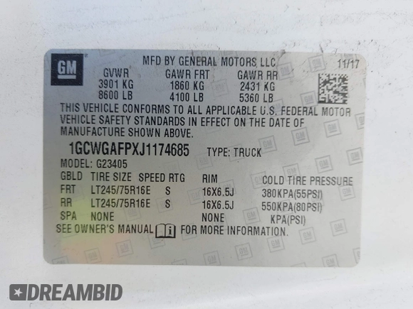 2018 Chevrolet Express Cargo with VIN 1GCWGAFPXJ1174685, listed as a IAAI auction lot 42577588 with 54,673 mi miles and . Bid and sale history available at DreamBid. Image 9.