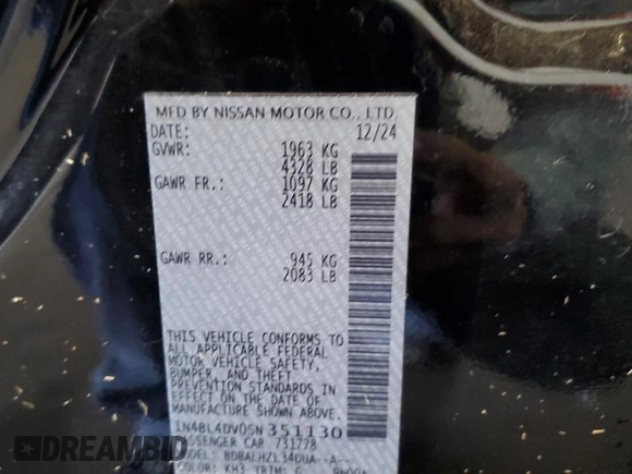 2025 Nissan Altima SV with VIN 1N4BL4DV0SN351130, listed as a Copart auction lot 53142485 with 6,699 mi miles and Clean Title. Bid and sale history available at DreamBid. Image 12.