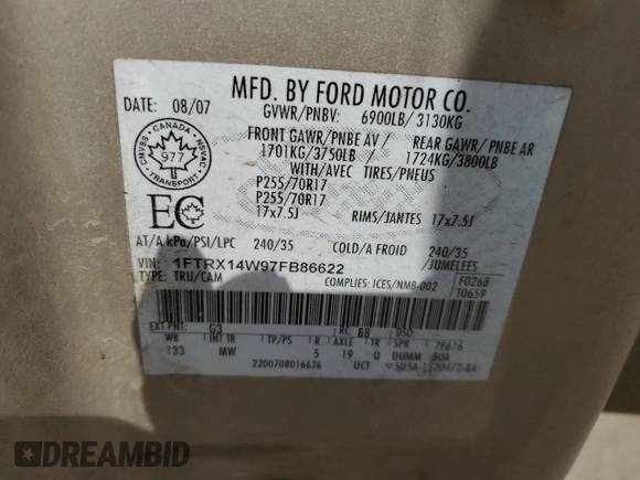 2007 Ford F-150 STX with VIN 1FTRX14W97FB86622, listed as a Copart auction lot 52708765 with 262,760 mi miles and Salvage Title. Bid and sale history available at carsss.com. Image 12.