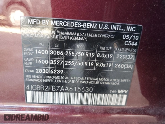 2010 Mercedes-Benz M 350 with VIN 4JGBB2FB7AA615630, listed as a Copart auction lot 51185315 with 168,742 mi miles and Clean Title. Bid and sale history available at DreamBid. Image 12.