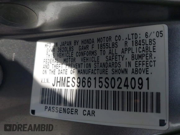 2005 Honda Civic with VIN JHMES96615S024091, listed as a IAAI auction lot 41716818 with 212,218 mi miles and . Bid and sale history available at DreamBid. Image 9.