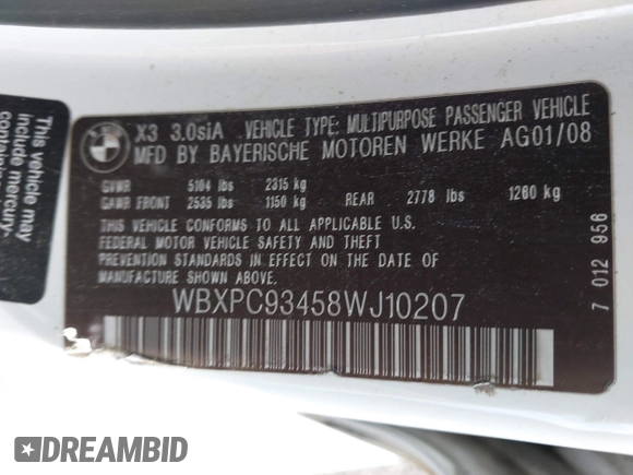 2008 BMW X3 3.0si with VIN WBXPC93458WJ10207, listed as a IAAI auction lot 42156621 with 105,813 mi miles and . Bid and sale history available at DreamBid. Image 9.