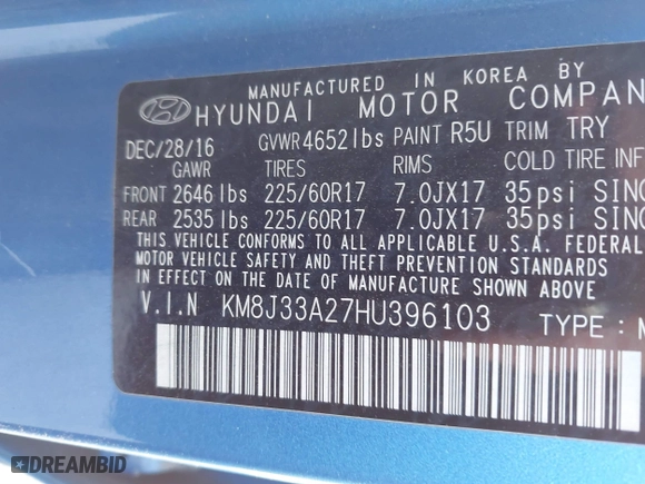 2017 Hyundai Tucson Value with VIN KM8J33A27HU396103, listed as a IAAI auction lot 41658990 with 82,625 mi miles. Bid and sale history available at carsss.com. Image 9.