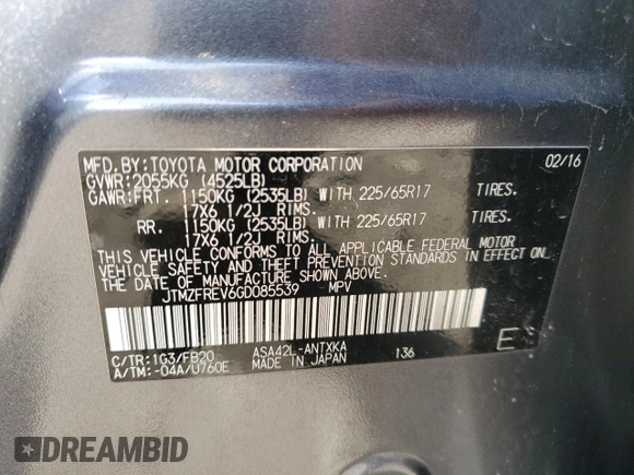2016 Toyota RAV4 LE with VIN JTMZFREV6GD085539, listed as a Copart auction lot 48252565 with 125,855 mi miles and Clean Title. Bid and sale history available at DreamBid. Image 13.