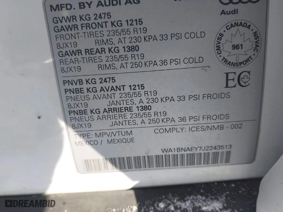2018 Audi Q5 Premium Plus with VIN WA1BNAFY7J2243513, listed as a IAAI auction lot 41589060 with 77,042 mi miles. Bid and sale history available at carsss.com. Image 9.