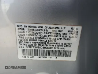 2012 Honda Pilot LX with VIN 5FNYF3H28CB005705, listed as a Copart auction lot 60687955 with 212,315 mi miles and Salvage title. Bid and sale history available at DreamBid. Image 13.