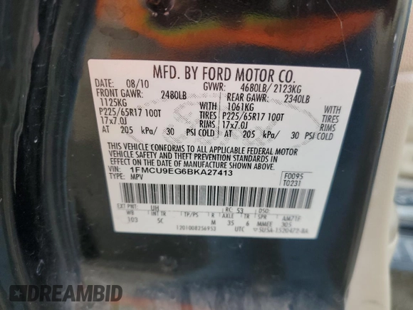 2011 Ford Escape Limited with VIN 1FMCU9EG6BKA27413, listed as a Copart auction lot 51583945 with 240,633 mi miles and Salvage Title. Bid and sale history available at DreamBid. Image 15.