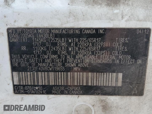 2012 Toyota RAV4 Limited with VIN 2T3YF4DV8CW119655, listed as a Copart auction lot 54326785 with 235,850 mi miles and Salvage title. Bid and sale history available at DreamBid. Image 13.
