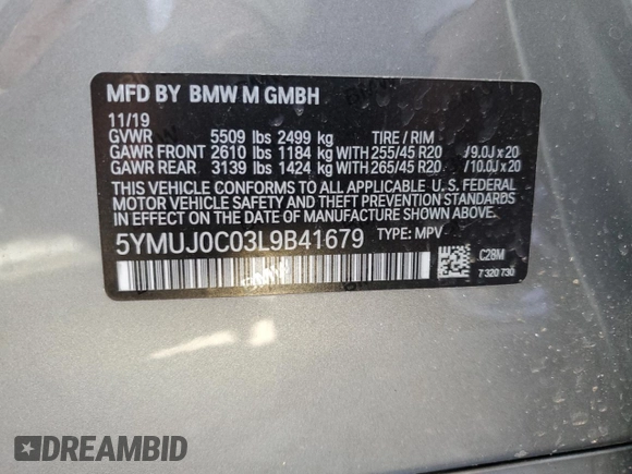 2020 BMW X4 M Competition z VIN 5YMUJ0C03L9B41679, wystawiony jako Copart lot #41449263 z przebiegiem 23 037 mil mil oraz . Historia ofert i sprzedaży dostępna na DreamBid. Obrazek 12.