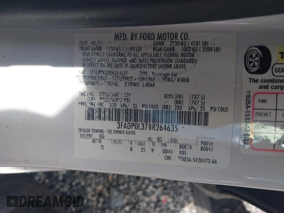 2011 Ford Fusion Hybrid with VIN 3FADP0L37BR264635, listed as a IAAI auction lot 42204672 with 147,326 mi miles and . Bid and sale history available at DreamBid. Image 9.