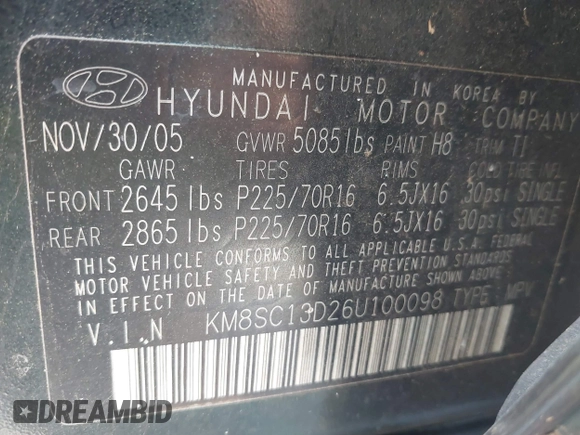 2006 Hyundai Santa Fe GLS with VIN KM8SC13D26U100098, listed as a IAAI auction lot 41985471 with 155,808 mi miles and . Bid and sale history available at DreamBid. Image 9.