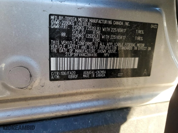 2022 Toyota RAV4 XLE with VIN 2T3P1RFV4NC284496, listed as a Copart auction lot 51371495 with 27,345 mi miles and Salvage Title. Bid and sale history available at carsss.com. Image 15.