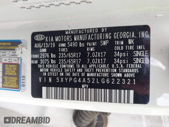 2020 Kia Sorento S z VIN 5XYPG4A52LG622321, wystawiony jako IAAI lot #41790301 z przebiegiem 155 766 mil mil oraz . Historia ofert i sprzedaży dostępna na DreamBid. Obrazek 9.