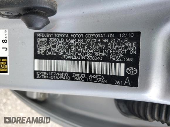 2011 Toyota Prius I z VIN JTDKN3DU1B1338240, wystawiony jako Copart lot #51329945 z przebiegiem 188 773 mil mil oraz Szkoda całkowita • Salvage title. Historia ofert i sprzedaży dostępna na DreamBid. Obrazek 13.