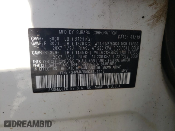 2019 Subaru Ascent Touring with VIN 4S4WMARD6K3451442, listed as a Copart auction lot 58304355 with Not provided miles and Non repairable. Bid and sale history available at DreamBid. Image 13.