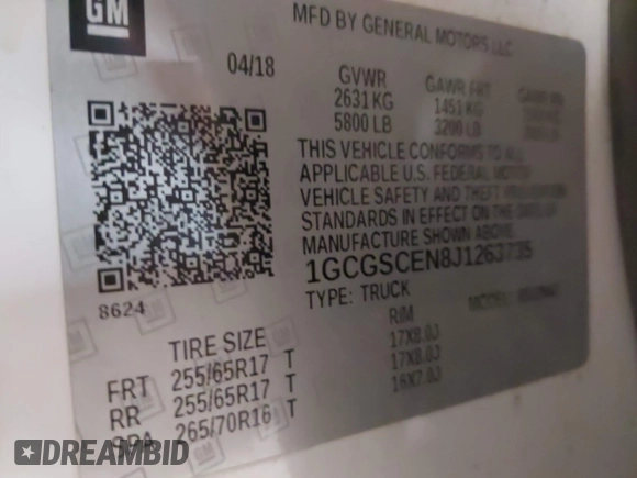 2018 Chevrolet Colorado 2WD LT with VIN 1GCGSCEN8J1263735, listed as a IAAI auction lot 42065400 with 207,686 mi miles and . Bid and sale history available at DreamBid. Image 9.
