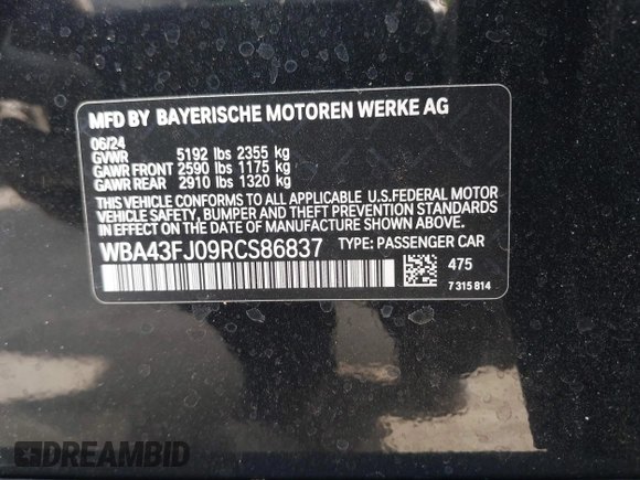 2024 BMW 5 Series 530i with VIN WBA43FJ09RCS86837, listed as a IAAI auction lot 41489044 with 1,521 mi miles. Bid and sale history available at carsss.com. Image 9.