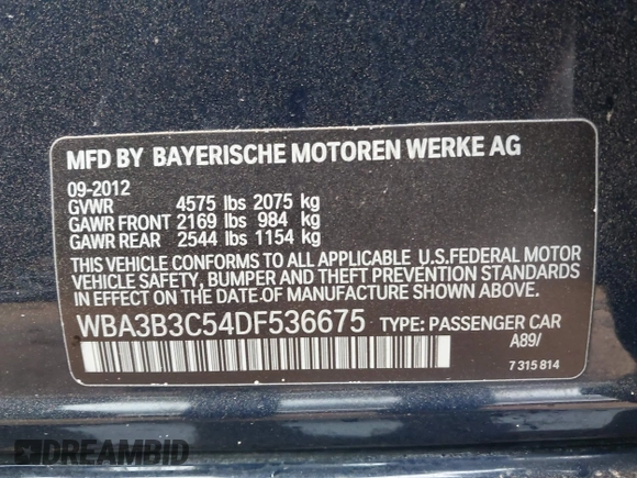 2013 BMW 3 Series 328i xDrive with VIN WBA3B3C54DF536675, listed as a IAAI auction lot 41185325 with 90,296 mi miles and . Bid and sale history available at carsss.com. Image 9.