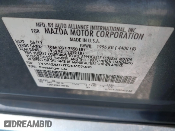 2013 Mazda 6 i Touring с VIN 1YVHZ8DH7D5M07033, выставлен на аукционе IAAI как лот 42772296 с пробегом 130 379 миль миль и . История ставок и продаж доступна на DreamBid. Изображение 9.