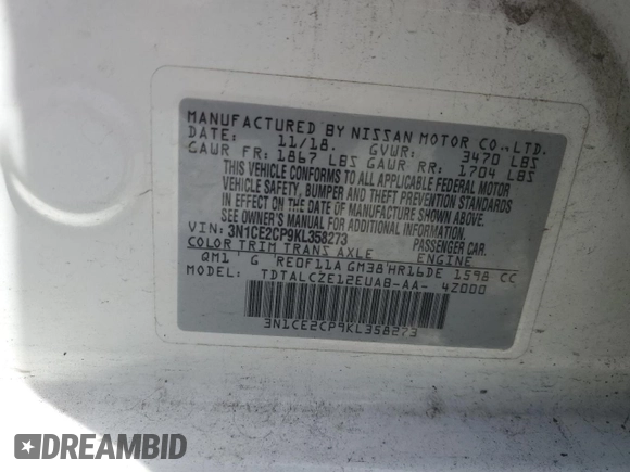 2019 Nissan Note SV with VIN 3N1CE2CP9KL358273, listed as a Copart auction lot 58569735 with 85,140 mi miles and Clean title. Bid and sale history available at DreamBid. Image 13.