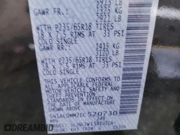2014 Infiniti QX60 with VIN 5N1AL0MM2EC520730, listed as a Copart auction lot 81317454 with 133,627 mi miles and Salvage Title. Bid and sale history available at carsss.com. Image 16.