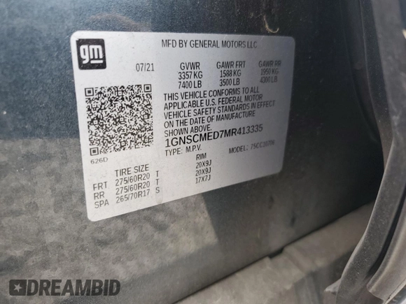 2021 Chevrolet Tahoe LS with VIN 1GNSCMED7MR413335, listed as a Copart auction lot 72067984 with 47,795 mi miles and Salvage title. Bid and sale history available at DreamBid. Image 13.