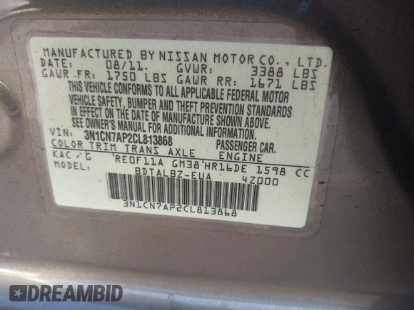 2012 Nissan Versa SL with VIN 3N1CN7AP2CL813868, listed as a IAAI auction lot 41512718 with 88,318 mi miles. Bid and sale history available at carsss.com. Image 9.