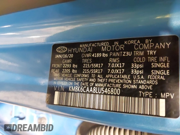 2020 Hyundai Kona SEL Plus with VIN KM8K6CAA8LU546800, listed as a IAAI auction lot 41618252 with 45,671 mi miles and . Bid and sale history available at DreamBid. Image 9.