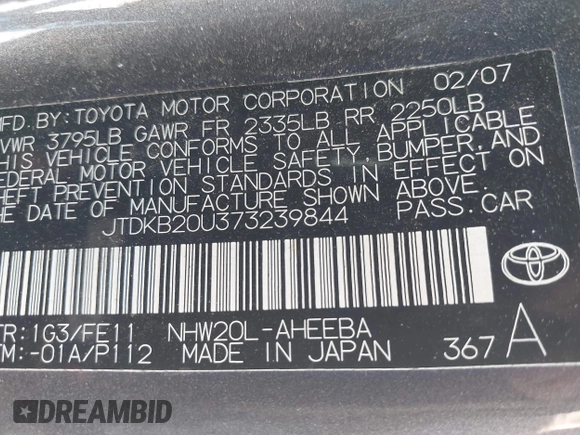 2007 Toyota Prius with VIN JTDKB20U373239844, listed as a IAAI auction lot 42017426 with 156,346 mi miles. Bid and sale history available at carsss.com. Image 9.