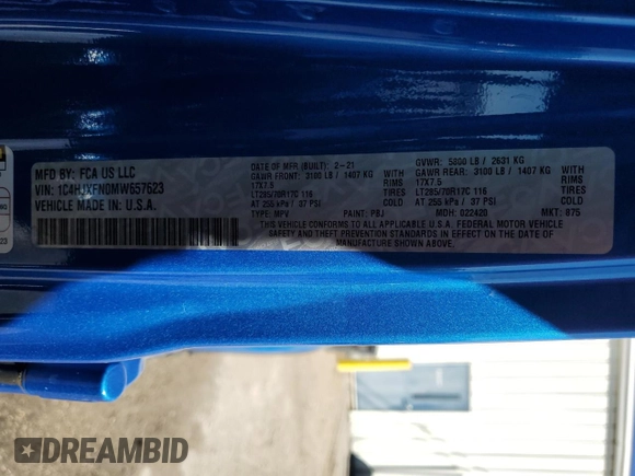 2021 Jeep Wrangler Unlimited Rubicon with VIN 1C4HJXFN0MW657623, listed as a Copart auction lot 46234085 with 32,709 mi miles and Salvage Title. Bid and sale history available at DreamBid. Image 14.