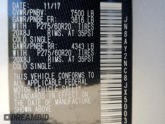 2018 Nissan Armada SL z VIN JN8AY2NC8JX500366, wystawiony jako Copart lot #52125215 z przebiegiem 132 818 mil mil oraz Szkoda całkowita • Salvage title. Historia ofert i sprzedaży dostępna na DreamBid. Obrazek 14.