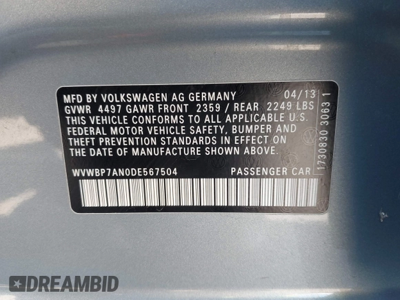 2013 Volkswagen CC Sport with VIN WVWBP7AN0DE567504, listed as a IAAI auction lot 42003695 with 174,528 mi miles. Bid and sale history available at carsss.com. Image 9.