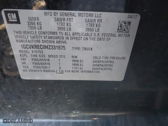 2017 Chevrolet Silverado 1500 LT with VIN 1GCVKREC8HZ331875, listed as a IAAI auction lot 40960777 with 147,157 mi miles. Bid and sale history available at carsss.com. Image 8.
