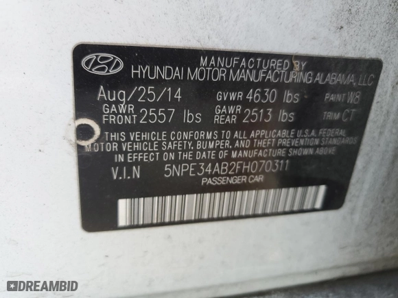 2015 Hyundai Sonata 2.0T Limited with VIN 5NPE34AB2FH070311, listed as a Copart auction lot 82017914 with 0 mi miles and Salvage Title. Bid and sale history available at carsss.com. Image 12.