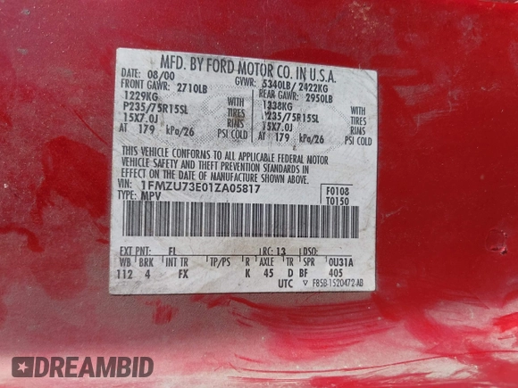 2001 Ford Explorer XLT z VIN 1FMZU73E01ZA05817, wystawiony jako IAAI lot #42550182 z przebiegiem 185 304 mil mil oraz . Historia ofert i sprzedaży dostępna na DreamBid. Obrazek 9.